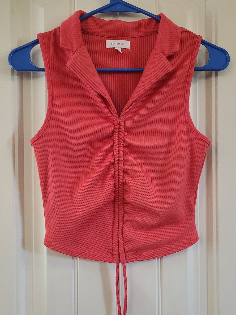 Better Be Coral Ribbed Ruched Collared Crop Tank Size S